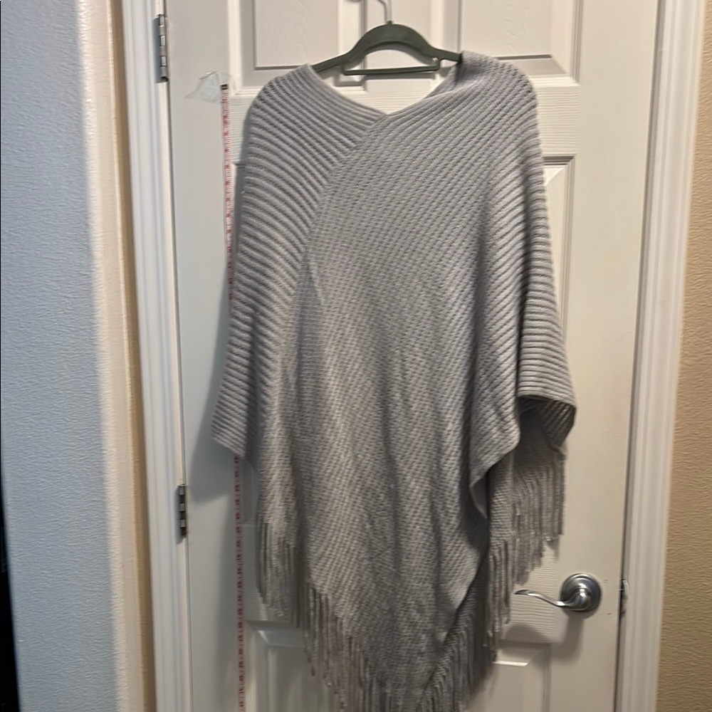 Gray Knit Fringe Poncho Sweater